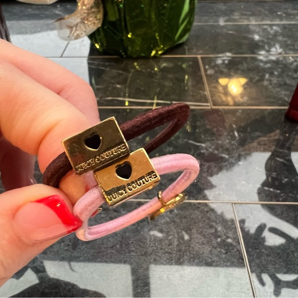 SET OF 2 OG Juicy Couture Gold Charm Pink & Brown Hair Ties - Picture 3 of 8